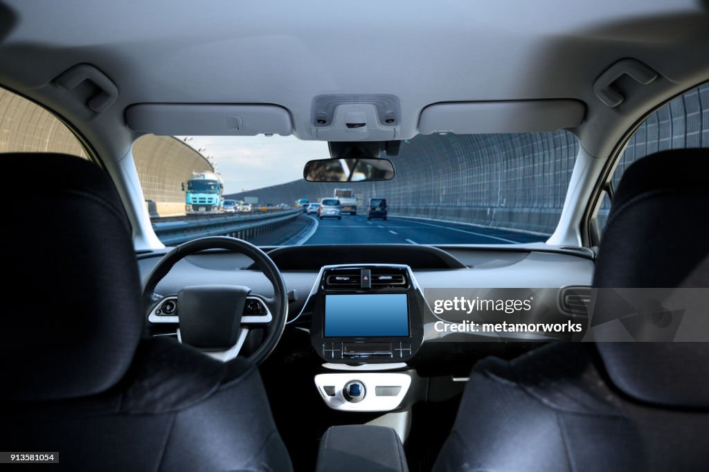 Car Rwd Cockpit Cockpit Of Driverless Car Driving On Highway Viewed From Rear Seat High ...