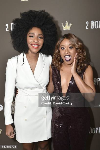 Jessica Williams and Phoebe Robinson attend HBO's "2 Dope Queens" Los Angeles Slumber Party Premiere at NeueHouse Hollywood on February 2, 2018 in...