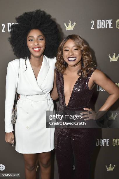 Jessica Williams and Phoebe Robinson attend HBO's "2 Dope Queens" Los Angeles Slumber Party Premiere at NeueHouse Hollywood on February 2, 2018 in...