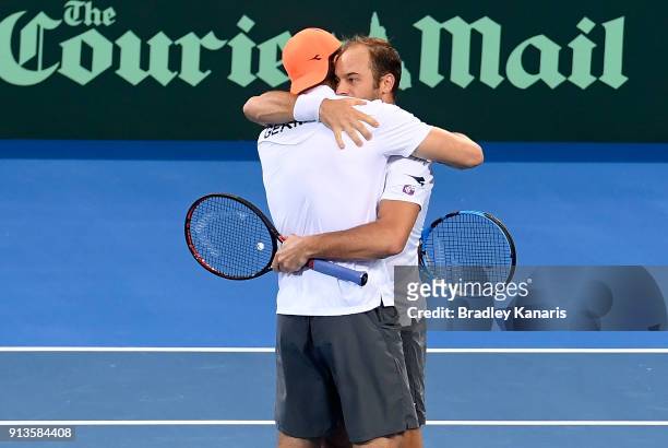 Jan-Lennard Struff and Tim Putz of Germany celebrate victory in the doubles match against Matt Ebden and John Peers of Australia during the Davis Cup...