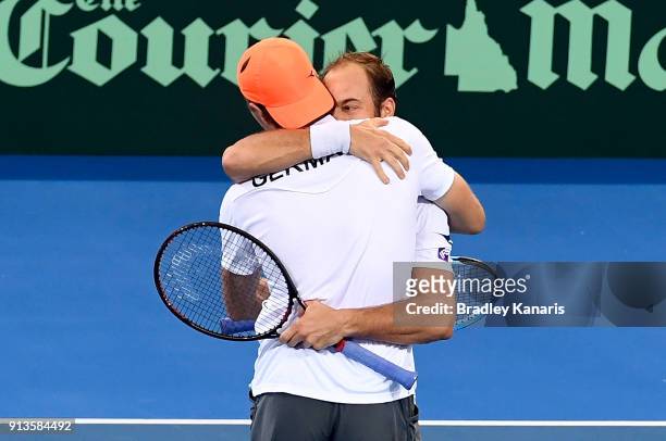 Jan-Lennard Struff and Tim Putz of Germany celebrate victory in the doubles match against Matt Ebden and John Peers of Australia during the Davis Cup...