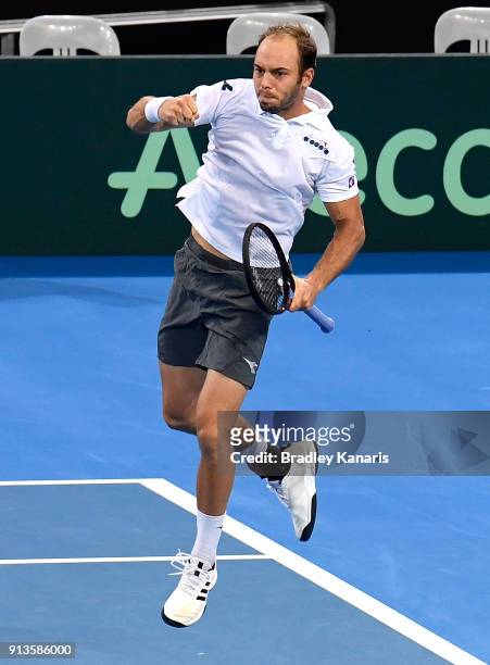 Tim Putz of Germany celebrates victory in the doubles match with Jan-Lennard Struff against Matt Ebden and John Peers of Australia during the Davis...