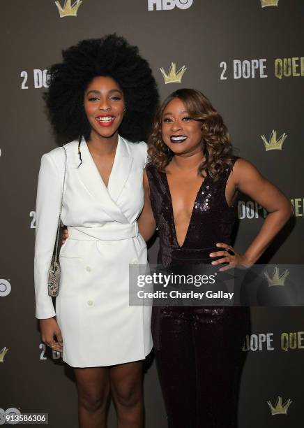 Jessica Williams and Phoebe Robinson attend HBO's 2 Dope Queens LA Slumber Party Premiere on February 2, 2018 in Los Angeles, California.