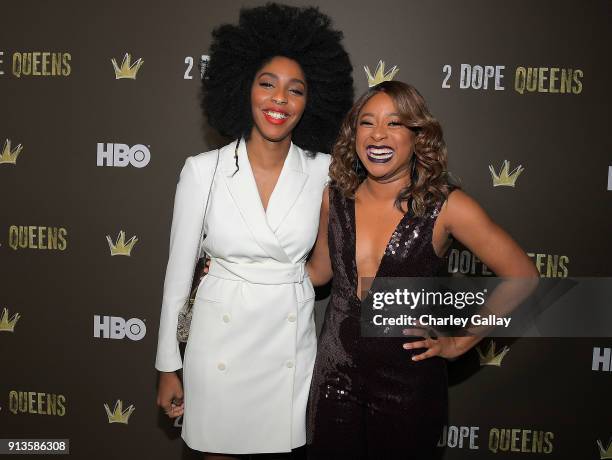 Jessica Williams and Phoebe Robinson attend HBO's 2 Dope Queens LA Slumber Party Premiere on February 2, 2018 in Los Angeles, California.