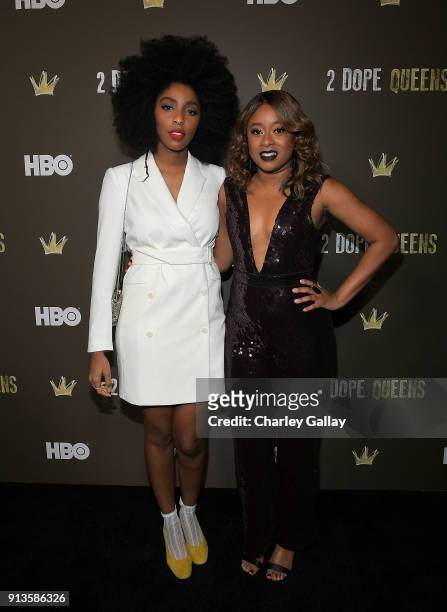 Jessica Williams and Phoebe Robinson attend HBO's 2 Dope Queens LA Slumber Party Premiere on February 2, 2018 in Los Angeles, California.
