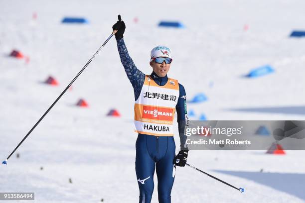 Akito Watabe of Japan celebrates winning the Individual Gundersen LH/10km during day one of the FIS Nordic Combined World Cup Hakuba on February 3,...