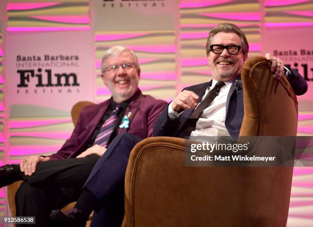 Film critic Leonard Maltin and Gary Oldman onstage at the Maltin Modern Master Award Honoring Gary Oldman during the The 33rd Santa Barbara...