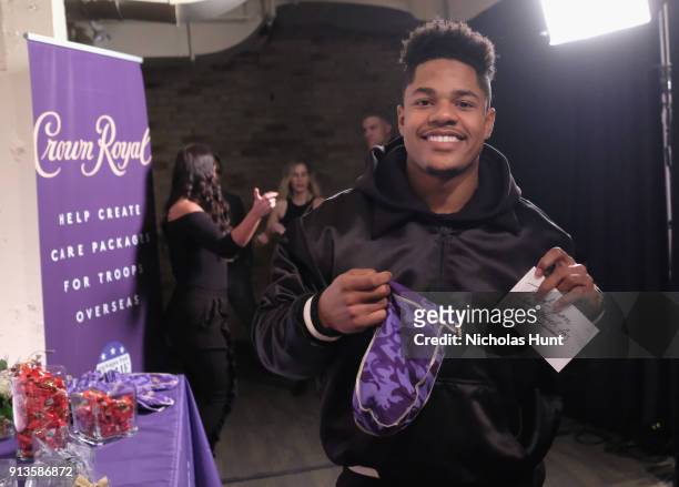 Player Sterling Shepard packs a Crown Royal care package during the Rolling Stone Live party on February 2, 2018 in Minneapolis, Minnesota.