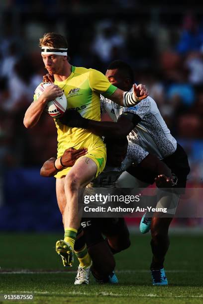 Ben O'Donnell of Australia on the charge against Fiji during the 2018 New Zealand Sevens at FMG Stadium on February 3, 2018 in Hamilton, New Zealand.