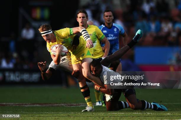 Ben O'Donnell of Australia on the charge against Fiji during the 2018 New Zealand Sevens at FMG Stadium on February 3, 2018 in Hamilton, New Zealand.