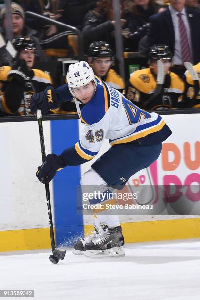 Ivan Barbashev of the St. Louis Blues skates against the Boston Bruins at the TD Garden on February 1, 2018 in Boston, Massachusetts.