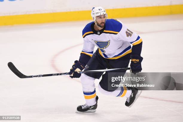 Robert Bortuzzo of the St. Louis Blues skates against the Boston Bruins at the TD Garden on February 1, 2018 in Boston, Massachusetts.