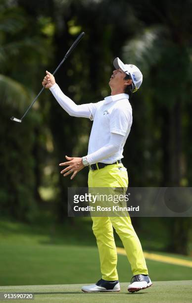 Ryo Ishikawa of Japan reacts after his birdie attempt on the par four 9th hole hole during the third round of the Maybank Championship Malaysia at...
