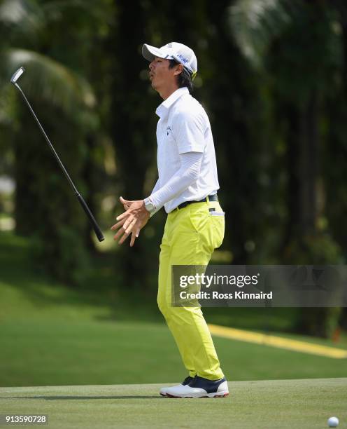 Ryo Ishikawa of Japan reacts after his birdie attempt on the par four 9th hole hole during the third round of the Maybank Championship Malaysia at...