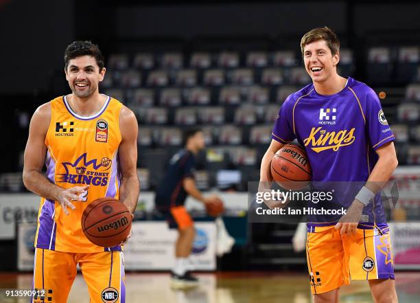 Todd Blanchfield and Dane Pineau of the Kings share a laugh during the warm up before the round 17 NBL match between the Cairns Taipans and the...