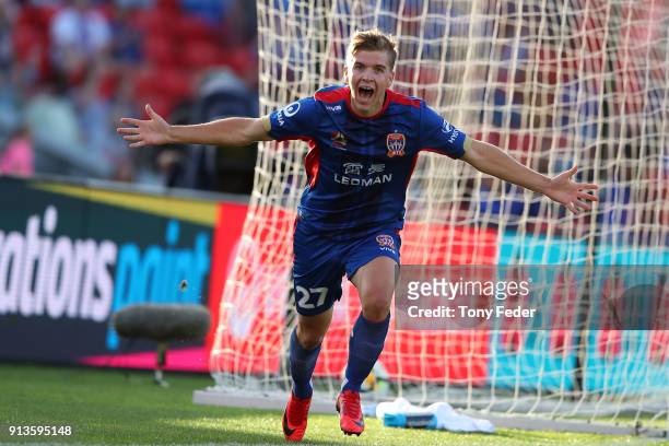 Riley McGree of the Jets celebrates a goal during the round 19 A-League match between the Newcastle Jets and the Melbourne Victory at McDonald Jones...