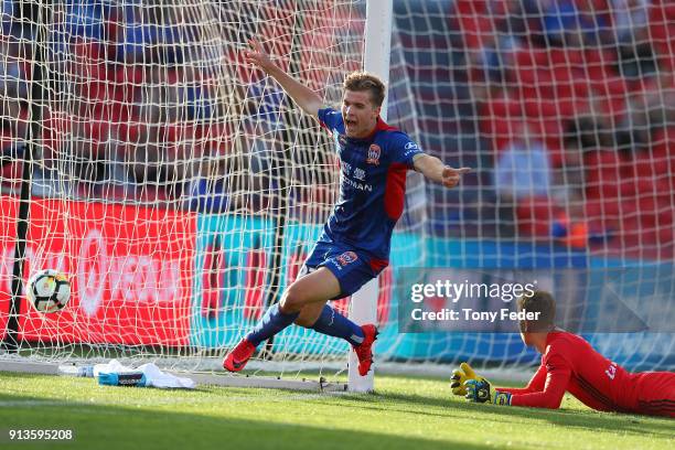 Riley McGree of the Jets celebrates a goal during the round 19 A-League match between the Newcastle Jets and the Melbourne Victory at McDonald Jones...