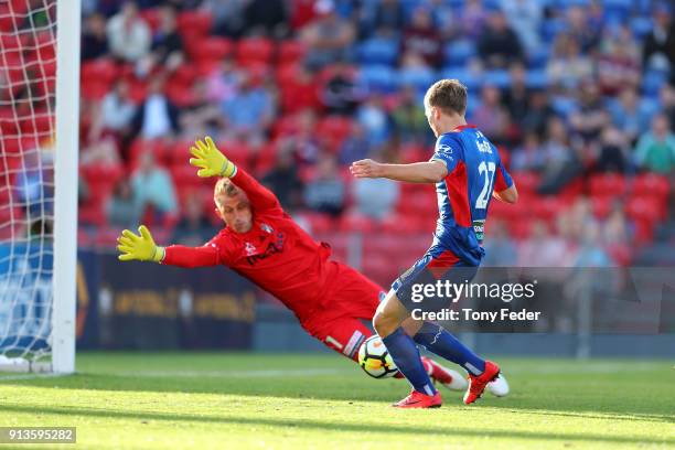 During the round 19 A-League match between the Newcastle Jets and the Melbourne Victory at McDonald Jones Stadium on February 3, 2018 in Newcastle,...