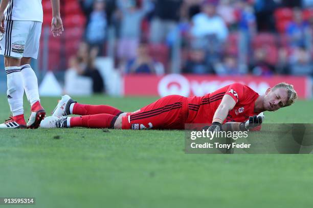 During the round 19 A-League match between the Newcastle Jets and the Melbourne Victory at McDonald Jones Stadium on February 3, 2018 in Newcastle,...