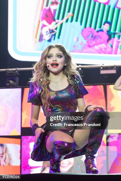 Karol Sevilla AKA Luna Valente in Mexical Telenovela Soy Luna performs on stage on February 2, 2018 at Mediolanum Forum in Milan, Italy.