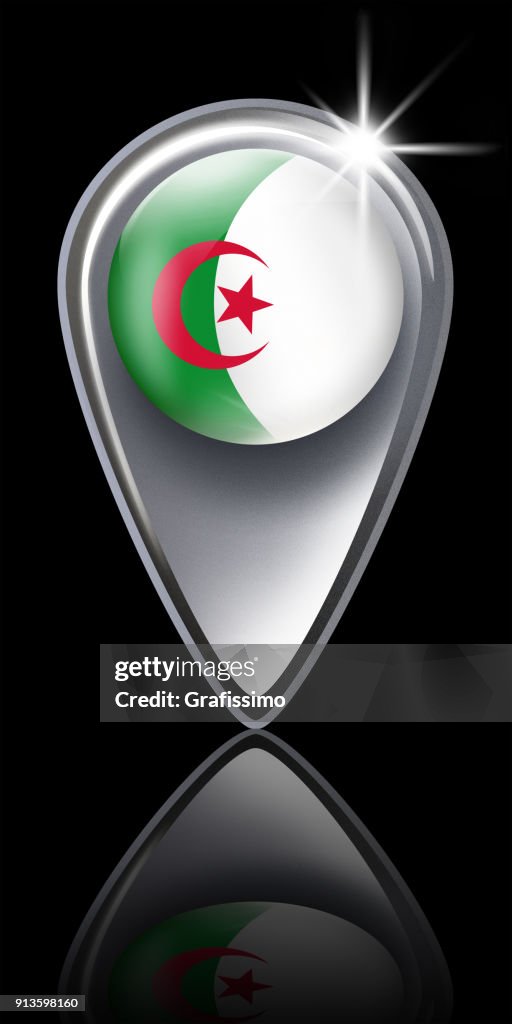 Algeria button map pointer with algerian flag isolated on white