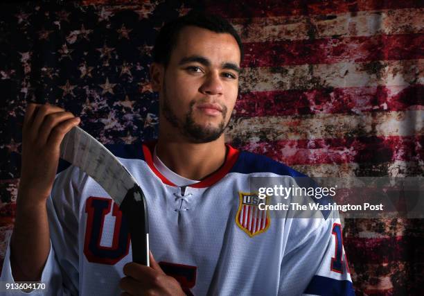 United States Men's Ice Hockey player Jordan Greenway poses for a portrait during the Team USA Media Summit for the 2018 PyeongChang Winter Olympic...