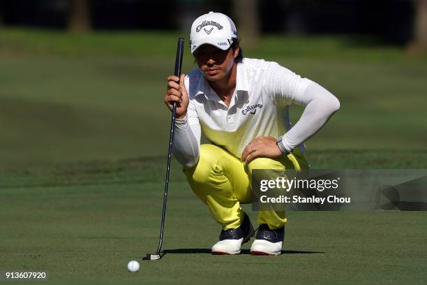 Ryo Ishikawa of Japan lines for a putt during day three of the 2018 Maybank Championship Malaysia at Saujana Golf and Country Club on February 3,...