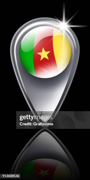 cameroon button map pointer with flag isolated on black - cameroon flag stock illustrations