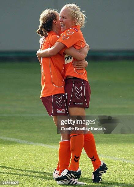 Tameka Butt of the Roar celebrates after scoring during the round one W-League match between the Brisbane Roar and Canberra United at Ballymore...