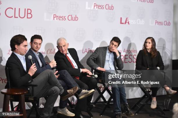 Executive producers Tim White, Trevor White, activist Daniel Ellsberg, writers Josh Singer and Liz Hannah attend the L.A. Press Club's Veritas Awards...