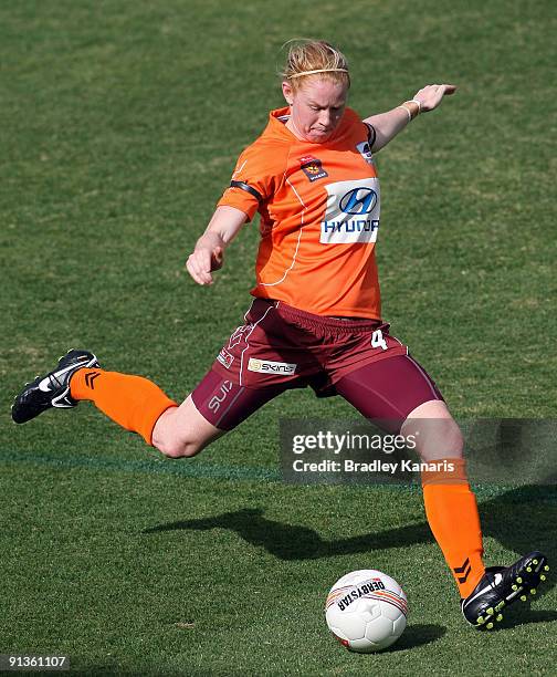 Clare Polkinghorne of the Roar kicks the ball during the round one W-League match between the Brisbane Roar and Canberra United at Ballymore Stadium...