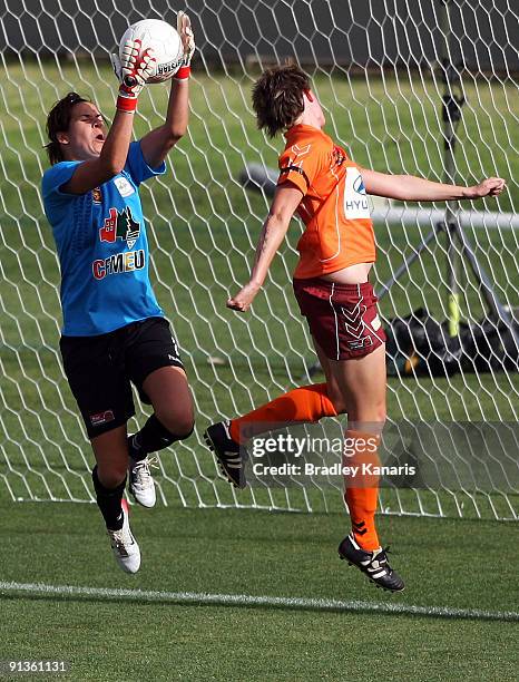 Lydia Williams of United makes a save during the round one W-League match between the Brisbane Roar and Canberra United at Ballymore Stadium on...