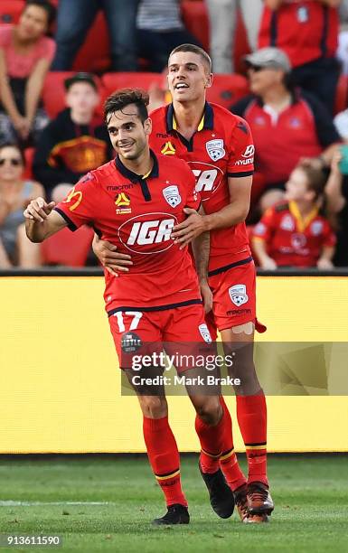 Nikola Mileusnic of Adelaide United celebrates Adelaides second goal during the round 19 A-League match between Adelaide United and the Perth Glory...