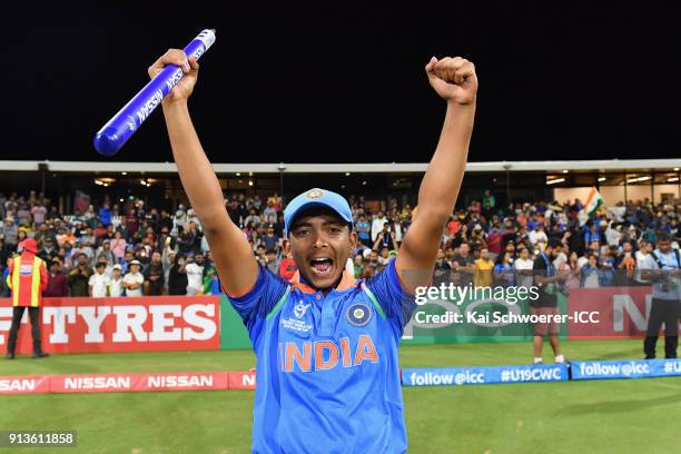 Captain Prithvi Shaw of India celebrates after the win in the ICC U19 Cricket World Cup Final match between Australia and India at Bay Oval on...