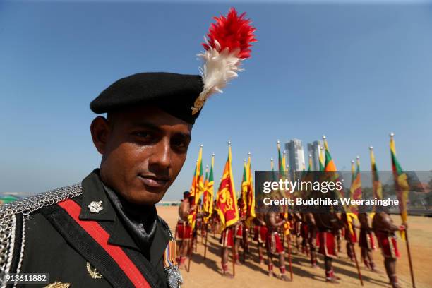 Sri Lankan Army officer participates in the 70th Independence Day celebration rehearsal on February 2, 2018 in Colombo, Sri Lanka.