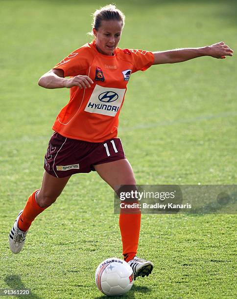 Aivi Luik of the Roar looks to pass during the round one W-League match between the Brisbane Roar and Canberra United at Ballymore Stadium on October...