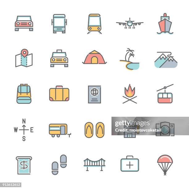 ilustraciones, imágenes clip art, dibujos animados e iconos de stock de conjunto de iconos de viaje colorido línea minimalista - bolsa de playa