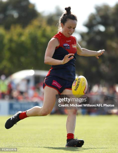 Daisy Pearce of the Demons in action during the 2018 AFLW Round 01 match between the Melbourne Demons and the GWS Giants at Casey Fields on February...