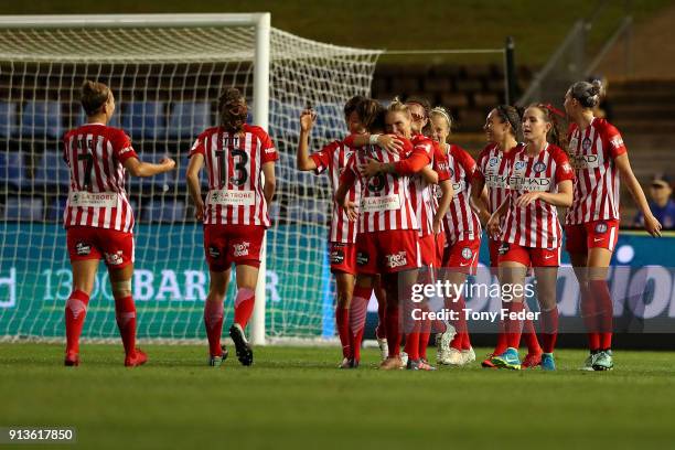 Melbourne City players celebrate a goal during the round 14 W-League match between the Newcastle Jets and Melbourne City FC at McDonald Jones Stadium...