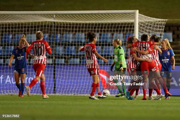 Melbourne City players celebrate a goal during the round 14 W-League match between the Newcastle Jets and Melbourne City FC at McDonald Jones Stadium...