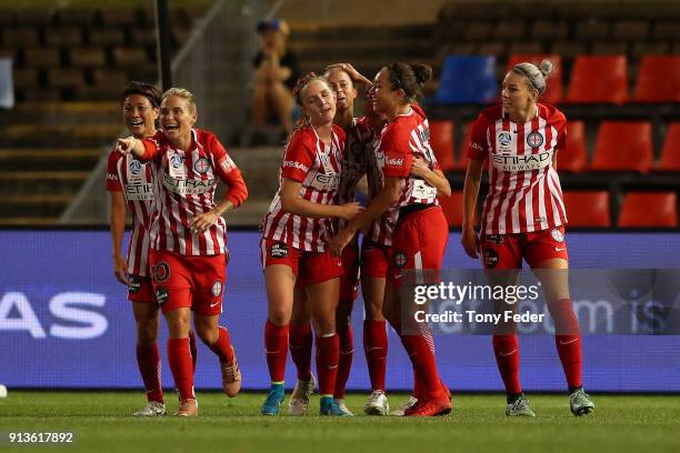 Melbourne City players celebrate a goal during the round 14 W-League match between the Newcastle Jets and Melbourne City FC at McDonald Jones Stadium...