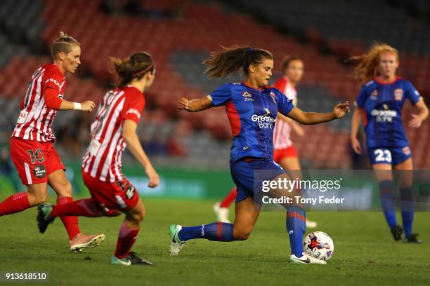 Katherine Stengel of the Jets controls the ball during the round 14 W-League match between the Newcastle Jets and Melbourne City FC at McDonald Jones...