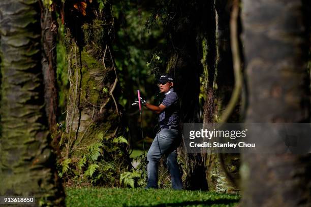 Nicholas Fung of Malaysia plays a shot during day three of the 2018 Maybank Championship Malaysia at Saujana Golf and Country Club on February 3,...