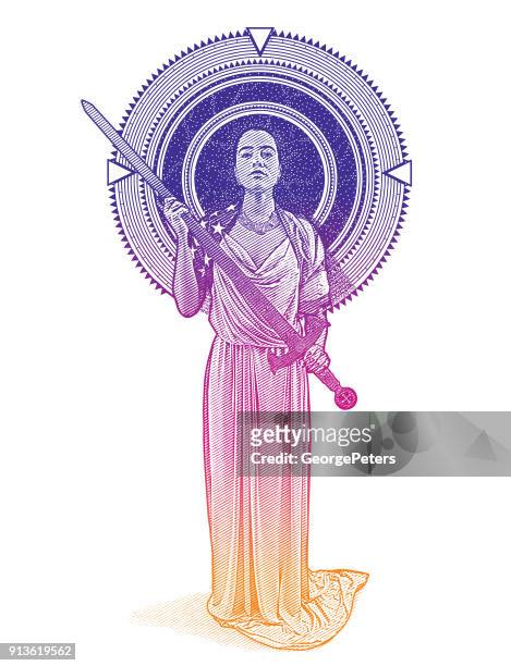 ilustrações, clipart, desenhos animados e ícones de ultra violet gravura de uma espada de exploração de iustitia de raça mista emoldurada por estrelas e espaço - violet