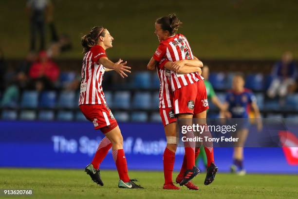 Melbourne City players celebrate a goal during the round 14 W-League match between the Newcastle Jets and Melbourne City FC at McDonald Jones Stadium...