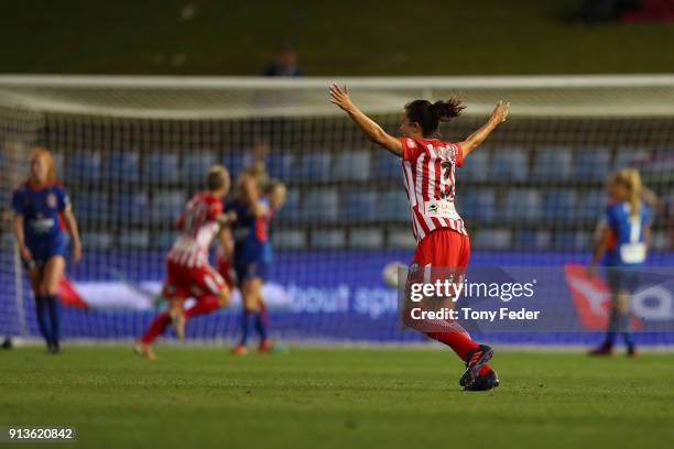 Melbourne City players celebrate a goal during the round 14 W-League match between the Newcastle Jets and Melbourne City FC at McDonald Jones Stadium...