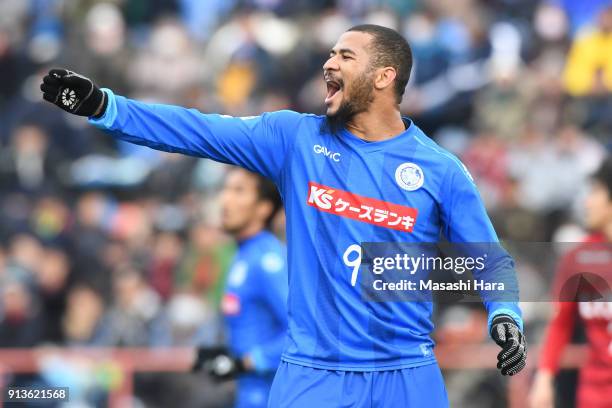 Jefferson Baiano of Mito HollyHock looks on during the preseason friendly match between Mito HollyHock and Kashima Antlers at K's Denki Stadium on...