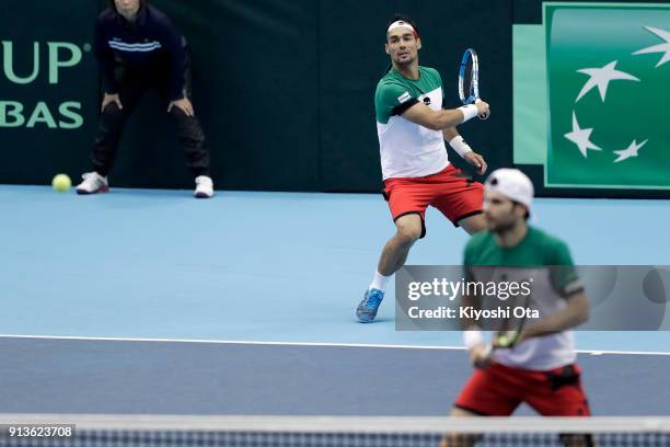 Fabio Fognini and Simone Bolelli of Italy play in their doubles match against Ben McLachlan and Yasutaka Uchiyama of Japan during day two of the...