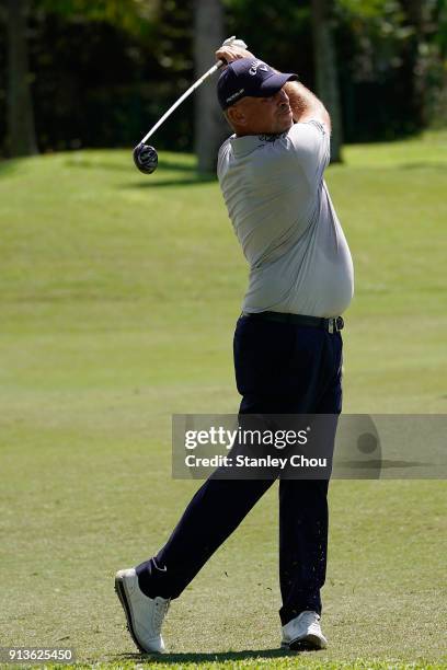 Thomas Bjorn of Denmark in action during day three of the 2018 Maybank Championship Malaysia at Saujana Golf and Country Club on February 3, 2018 in...