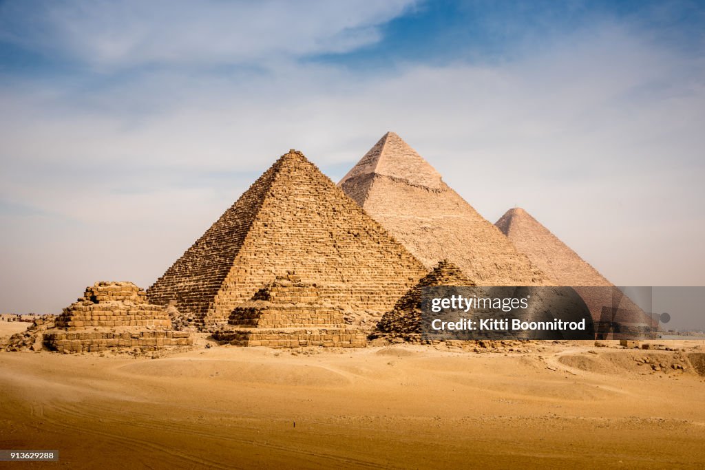 View of the great Pyramid complex of Giza, in Cairo Egypt